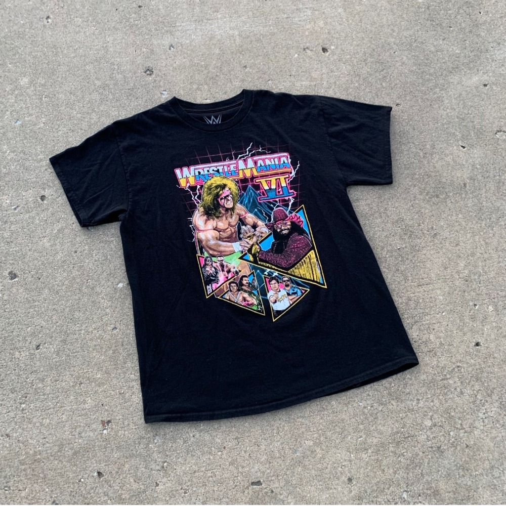 WWE WrestleMania VI Graphic T-Shirt Mens Large Black Ultimate Warrior Hulk Hogan